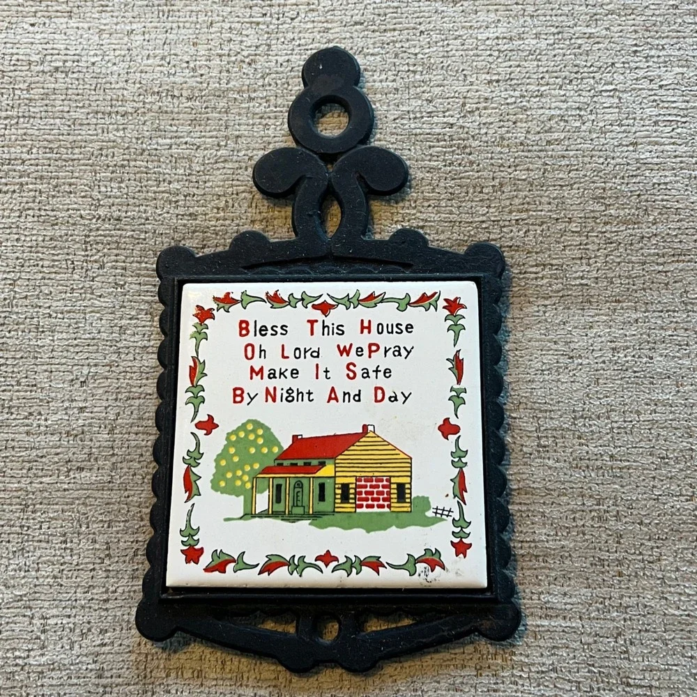 Vintage Bless This House Cast Iron Ceramic Tile Trivet Wall Hanging Japan Black